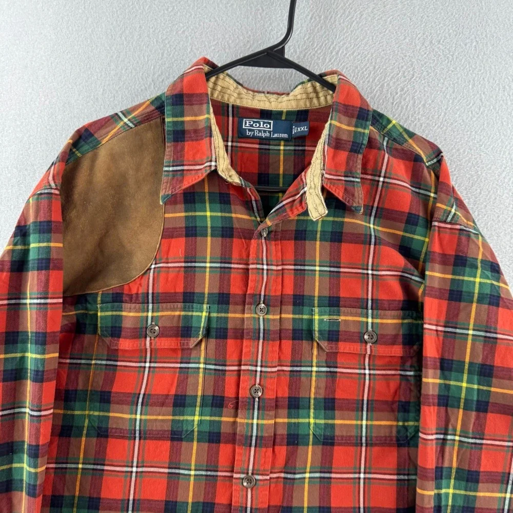 Polo Ralph Lauren Shirt Mens 2XL Red Plaid Cotton Shooting Hunting Chin Strap